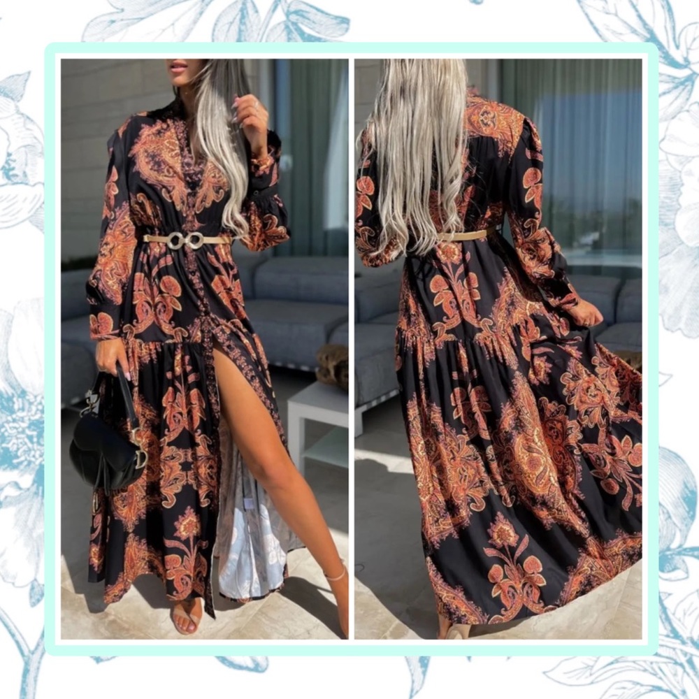 🌺 PAISLEY DRESS LONG SLEEVE MAXI BUTTON DOWN OPENS UP CHIC CLASSY RUFFLE AYBA